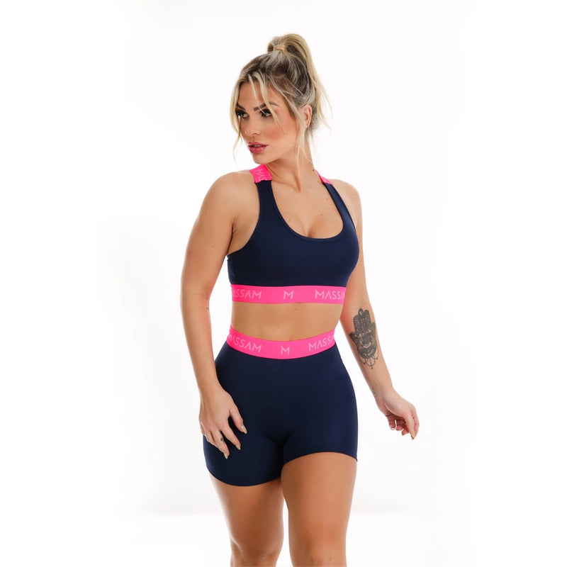 Short Neon Marinho Com Pink  Fitness